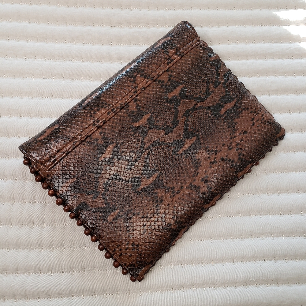 Brown Beaded Snake print Clutch Bag - Picture 5 of 10